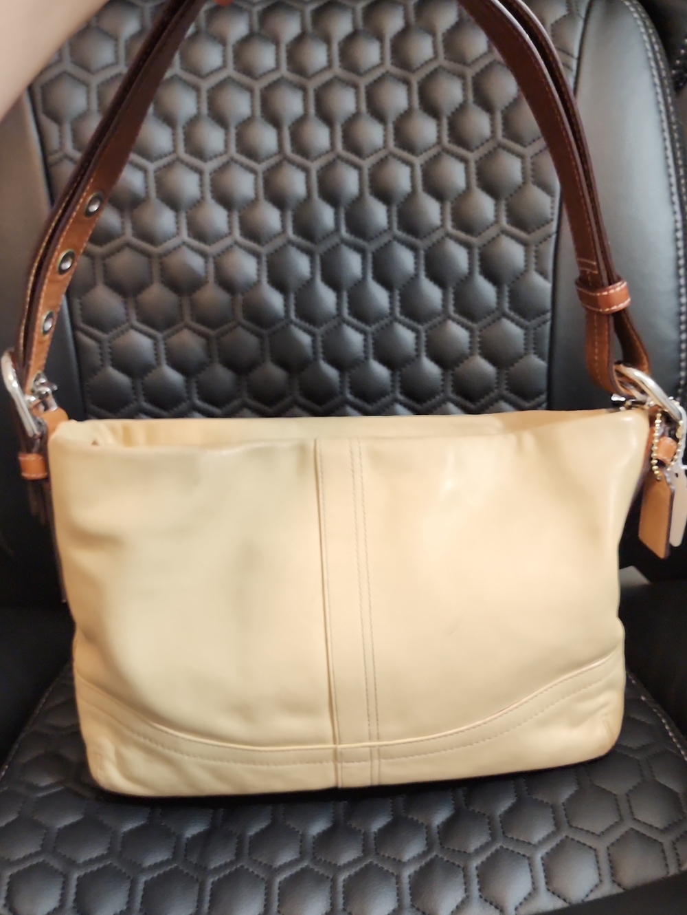 Classic Beige Leather Shoulder Bag with Brown Strap